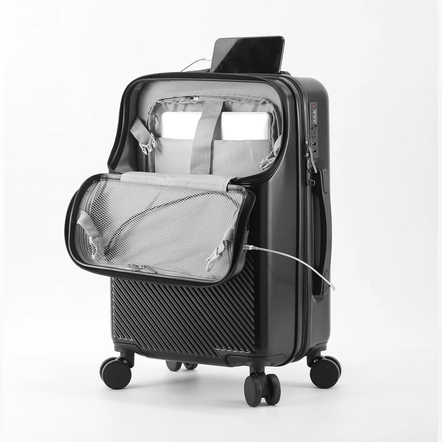20 inch Checked Luggage PC ABS Suitcase Luggage with Spinner Wheels Adjustable Multi-function Large Capacity with Telescopic Handle (black, 20 inch)