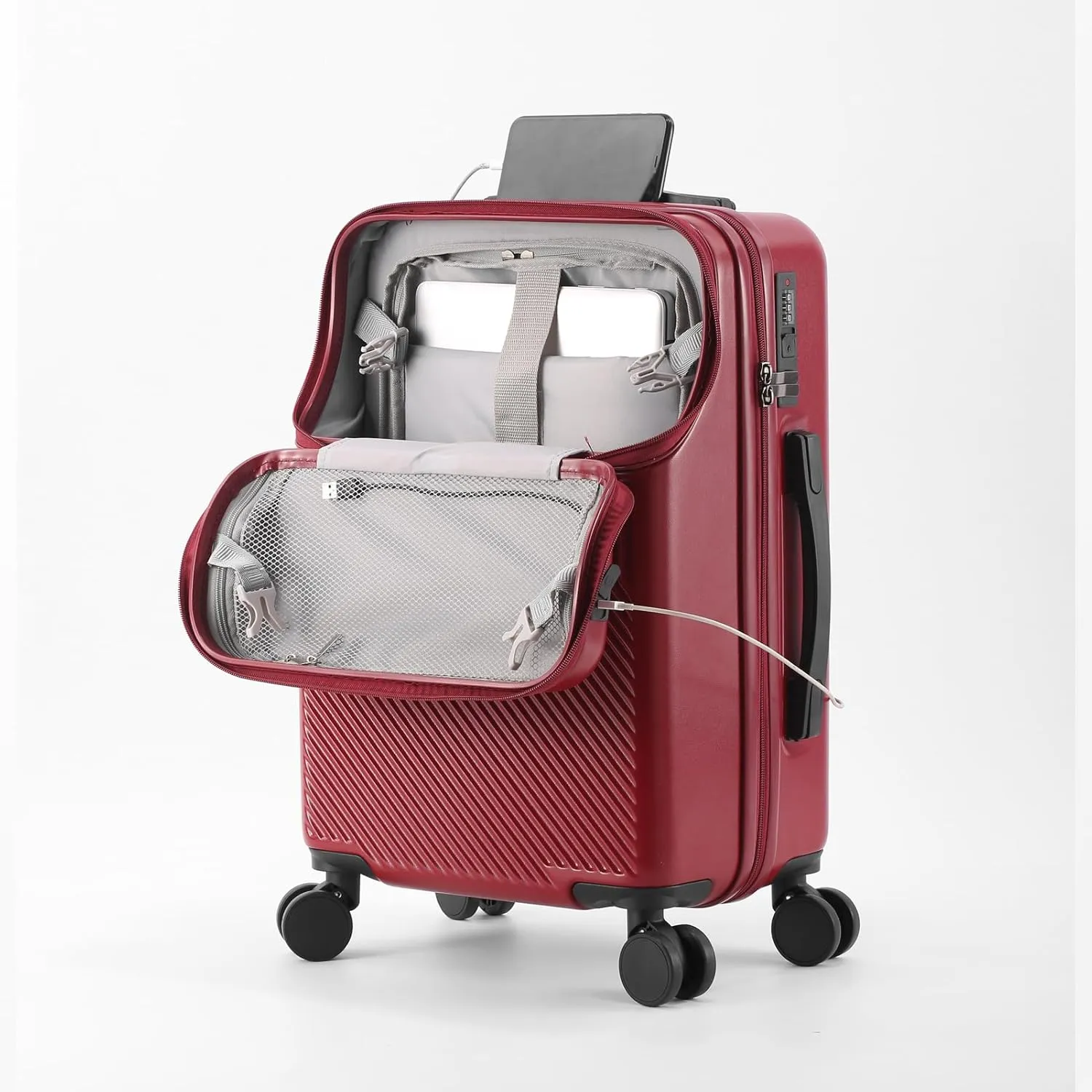 22 inch Checked Luggage PC ABS Suitcase Luggage with Spinner Wheels Adjustable Multi-function Large Capacity with Telescopic Handle (red, 24 inch)