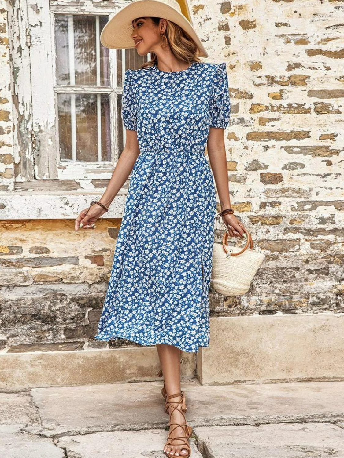 Affectionate Floral Split Short Sleeve Midi Dress
