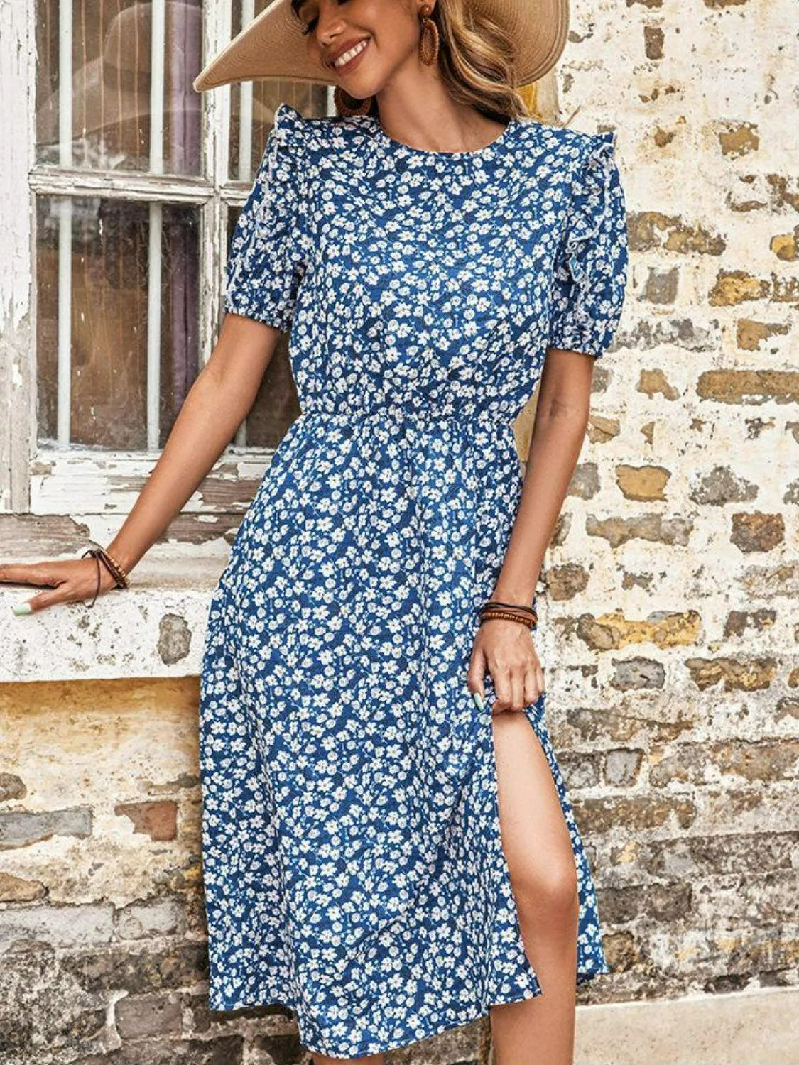 Affectionate Floral Split Short Sleeve Midi Dress