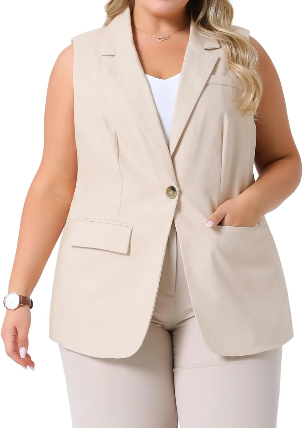 Agnes Orinda Plus Size Linen Blazer Vest Sleeveless Lined Padded Waistcoat Work Jacket with Pockets Y2K Casual Vest Top