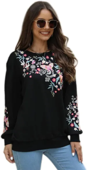 AK Womens Fall Sweatershirt Casual Outfits Floral Embroidered Fashion Hoodies Mexican Stylish Long Sleeve Sweaters