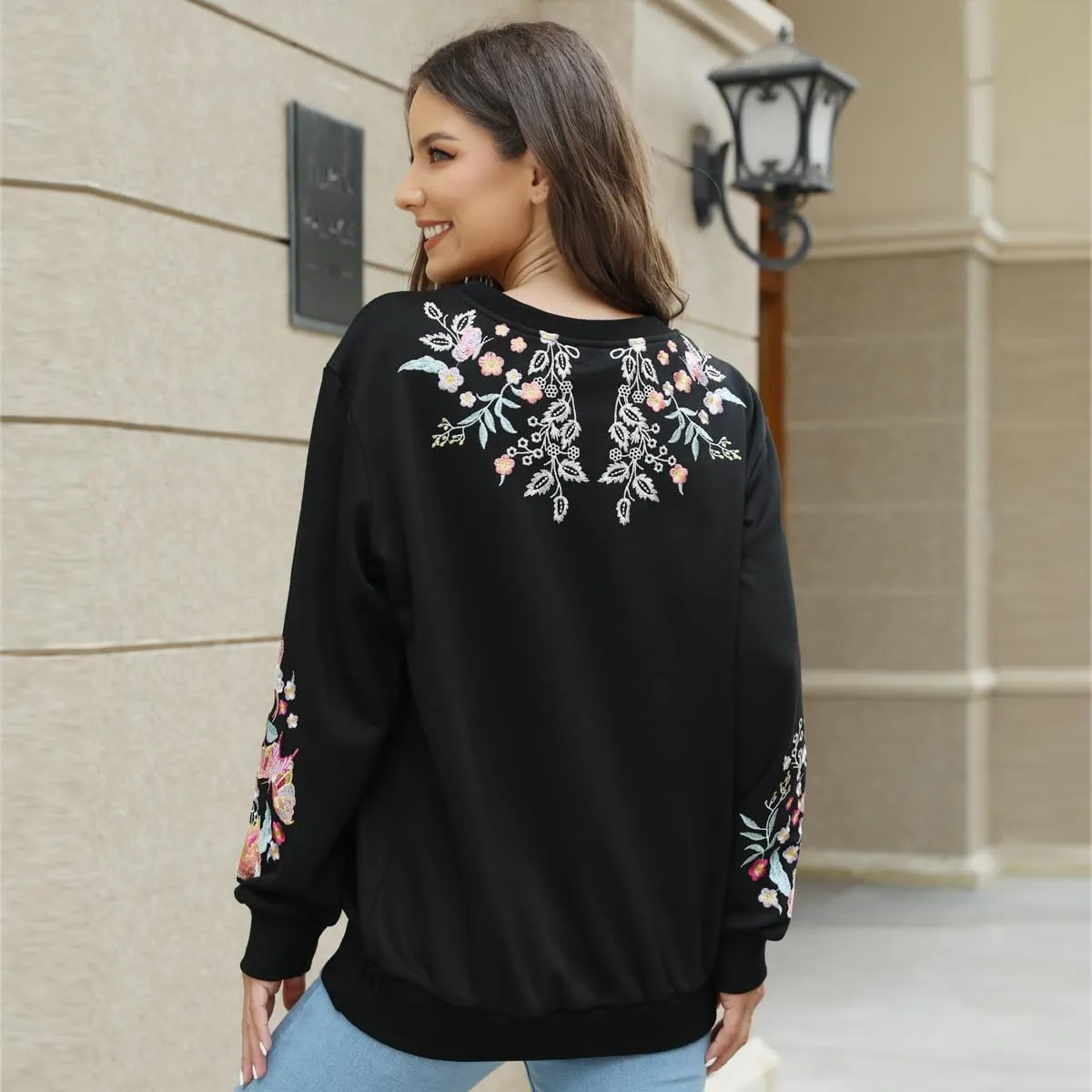 AK Womens Fall Sweatershirt Casual Outfits Floral Embroidered Fashion Hoodies Mexican Stylish Long Sleeve Sweaters