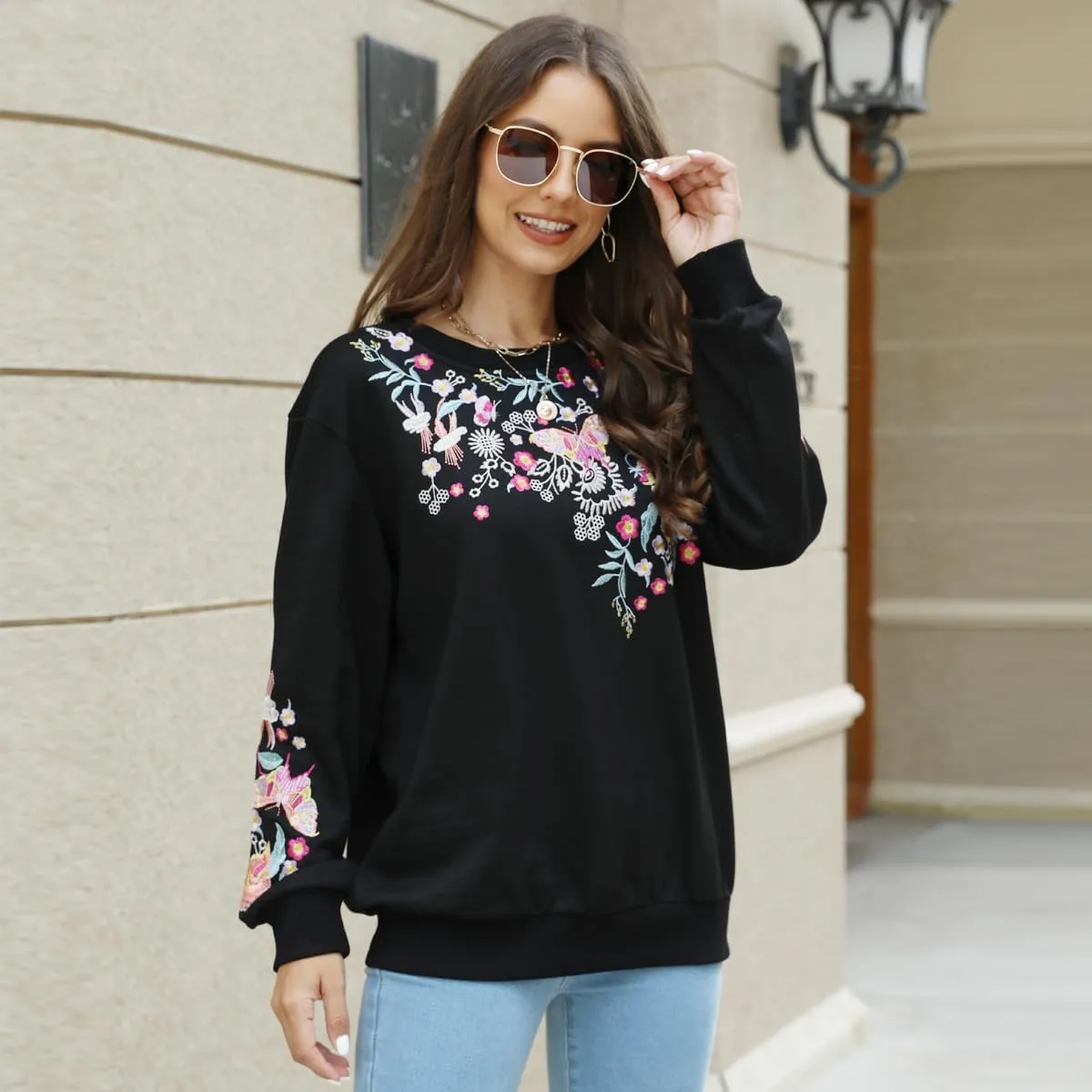AK Womens Fall Sweatershirt Casual Outfits Floral Embroidered Fashion Hoodies Mexican Stylish Long Sleeve Sweaters