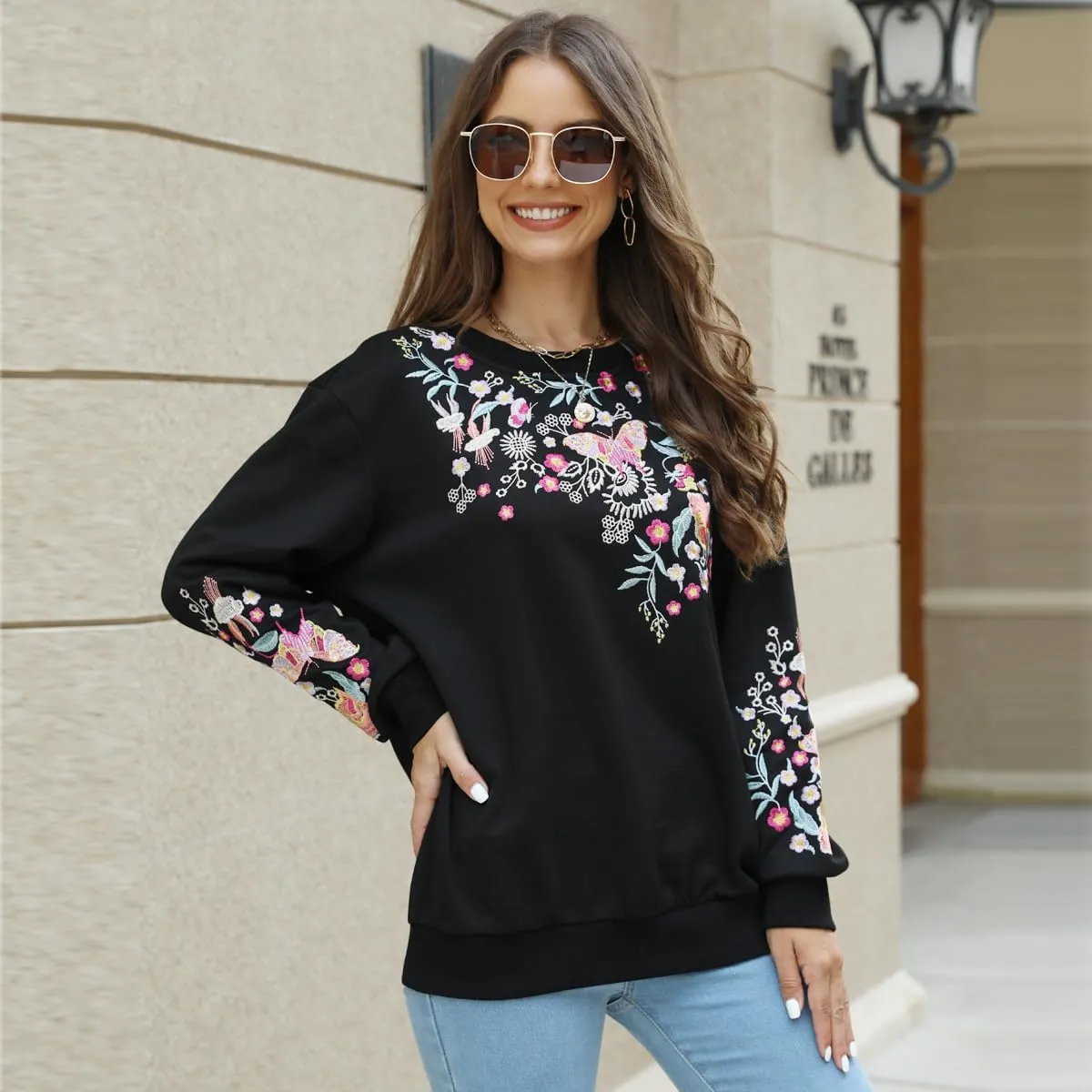 AK Womens Fall Sweatershirt Casual Outfits Floral Embroidered Fashion Hoodies Mexican Stylish Long Sleeve Sweaters