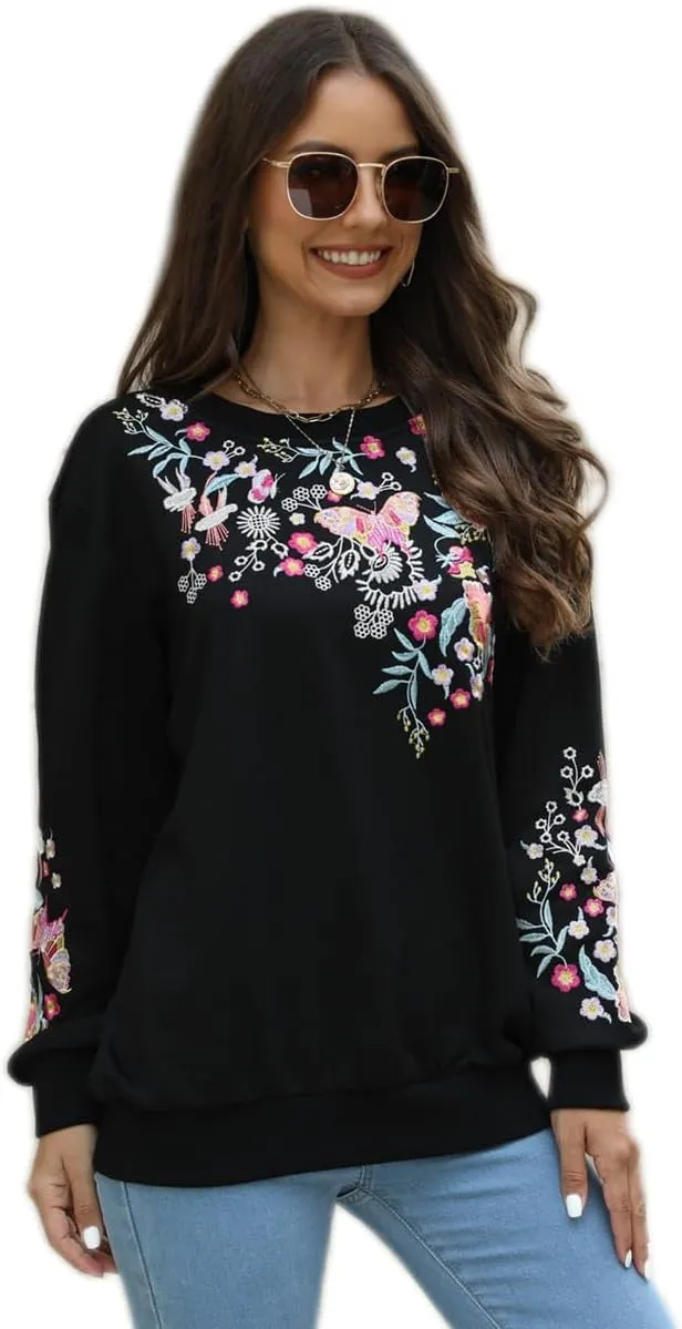 AK Womens Fall Sweatershirt Casual Outfits Floral Embroidered Fashion Hoodies Mexican Stylish Long Sleeve Sweaters