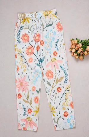 Akivide Women Casual Floral Print Linen Pant Summer Boho High Waist Straight Wide Leg Beach Lounge Capri Trouser with Pocket