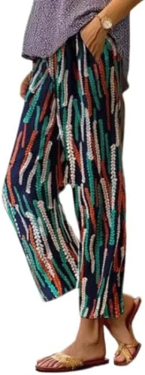 Akivide Women Casual Floral Print Linen Pant Summer Boho High Waist Straight Wide Leg Beach Lounge Capri Trouser with Pocket