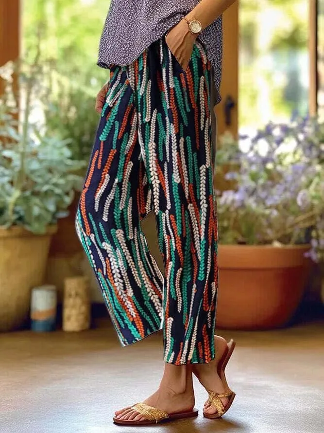 Akivide Women Casual Floral Print Linen Pant Summer Boho High Waist Straight Wide Leg Beach Lounge Capri Trouser with Pocket