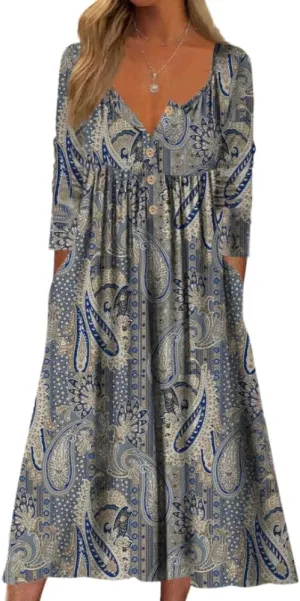 Akivide Women's Button Down V Neck Midi Tshirt Dress Plus Size Boho Summer 3/4 Sleeve Beach Dresses with Pockets 2024