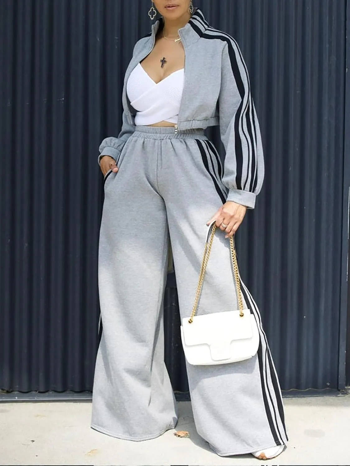 Akmipoem Sweatsuits Women 2 Piece Outfit Striped Tracksuit Long Sleeve Zipper Cropped Jackets Wide Leg Sweatpants Set