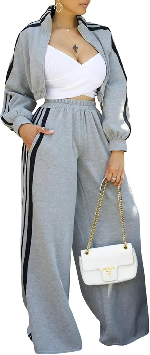 Akmipoem Sweatsuits Women 2 Piece Outfit Striped Tracksuit Long Sleeve Zipper Cropped Jackets Wide Leg Sweatpants Set