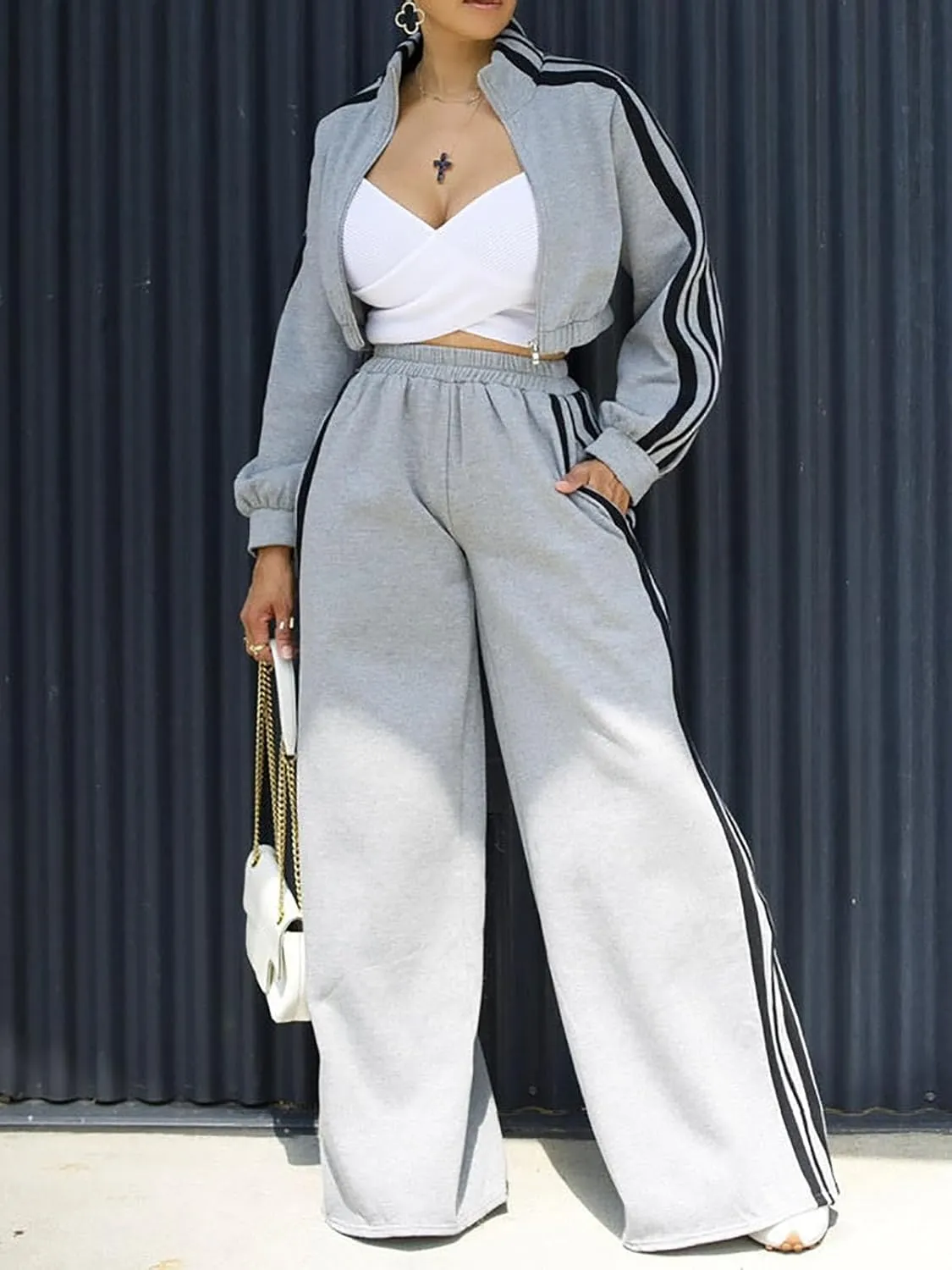 Akmipoem Sweatsuits Women 2 Piece Outfit Striped Tracksuit Long Sleeve Zipper Cropped Jackets Wide Leg Sweatpants Set