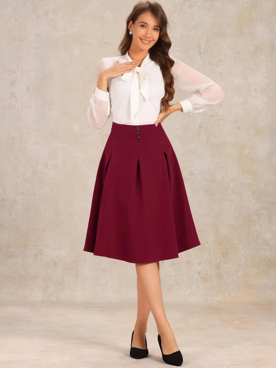 Allegra K Casual Office A-Line Skirt for Women's Button Decor High Waist Midi Flared Pleated Skirts