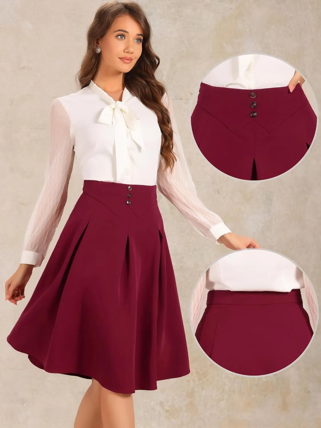 Allegra K Casual Office A-Line Skirt for Women's Button Decor High Waist Midi Flared Pleated Skirts