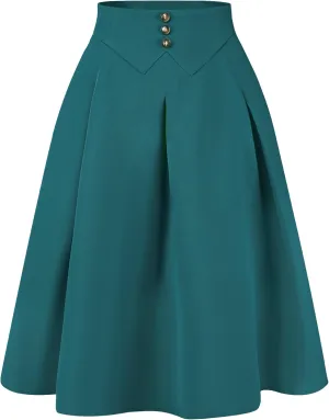 Allegra K Casual Office A-Line Skirt for Women's Button Decor High Waist Midi Flared Pleated Skirts