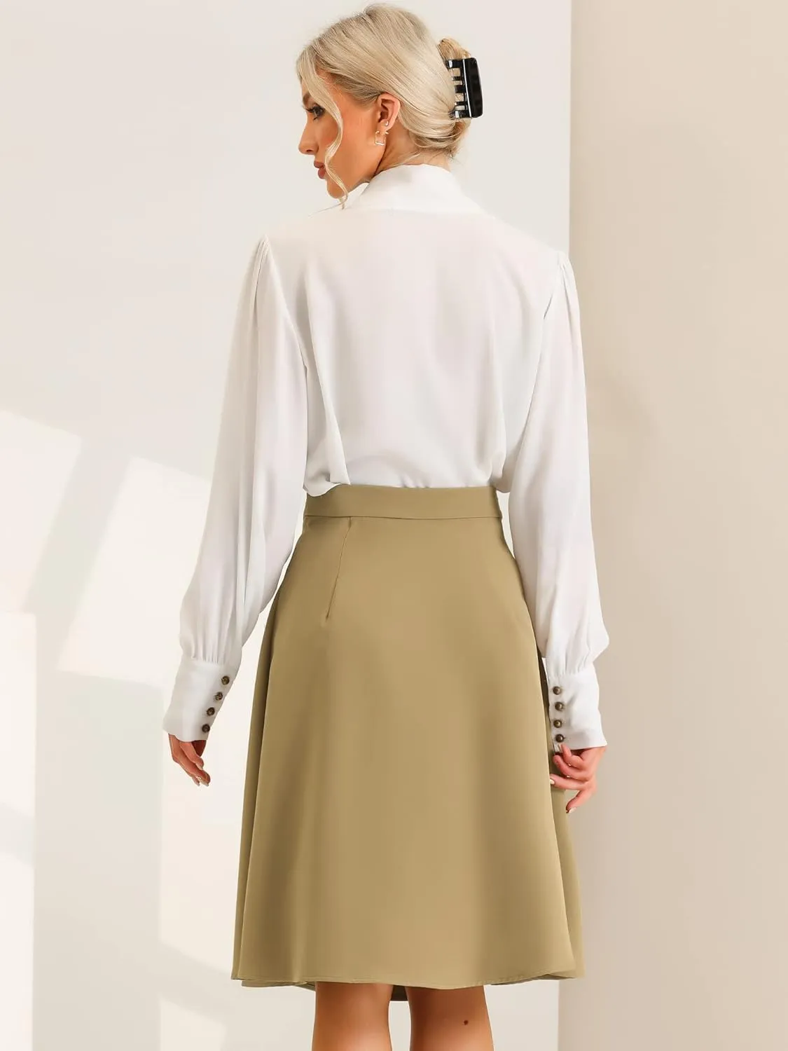 Allegra K Casual Office A-Line Skirt for Women's Button Decor High Waist Midi Flared Pleated Skirts