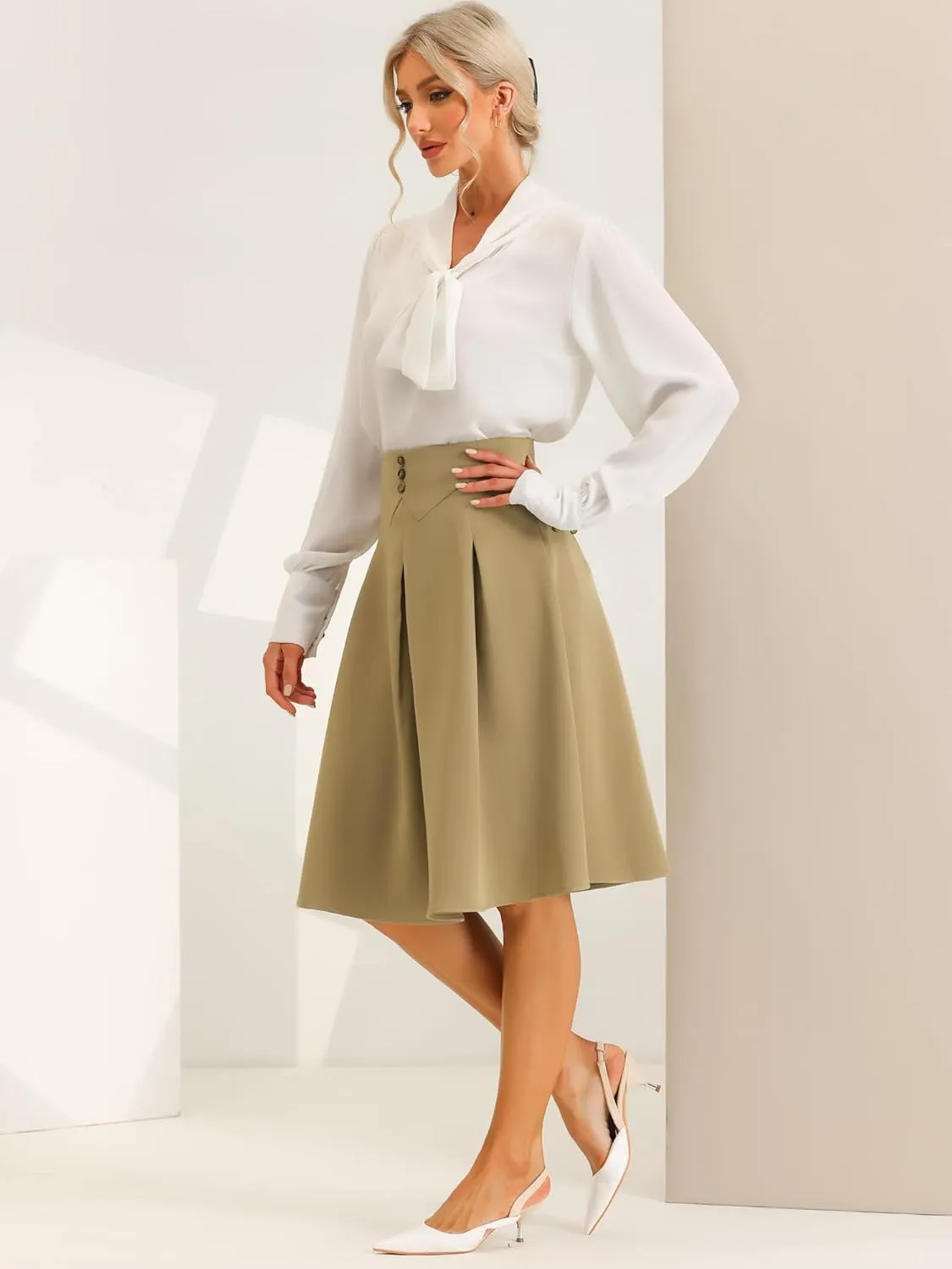 Allegra K Casual Office A-Line Skirt for Women's Button Decor High Waist Midi Flared Pleated Skirts