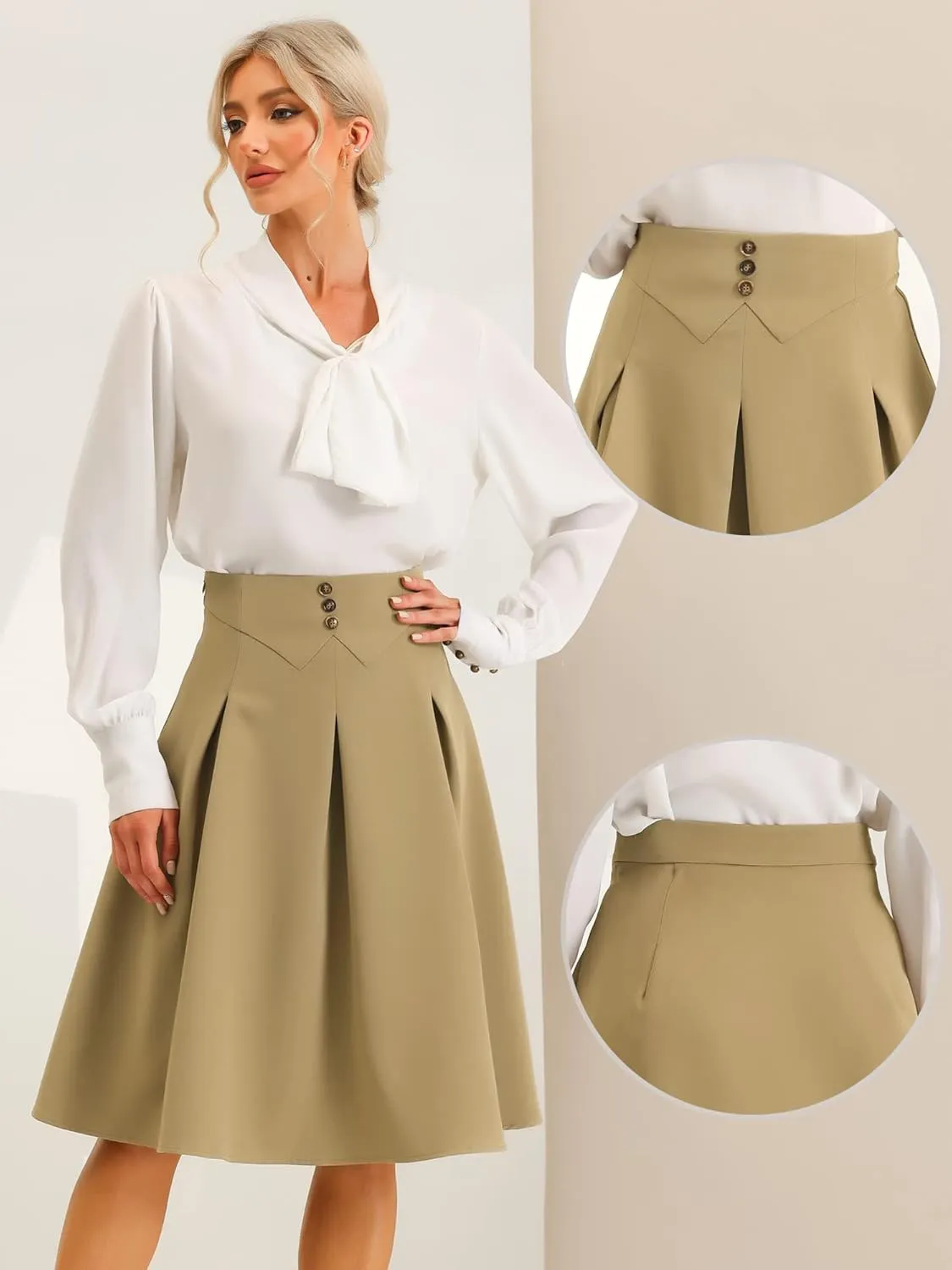 Allegra K Casual Office A-Line Skirt for Women's Button Decor High Waist Midi Flared Pleated Skirts