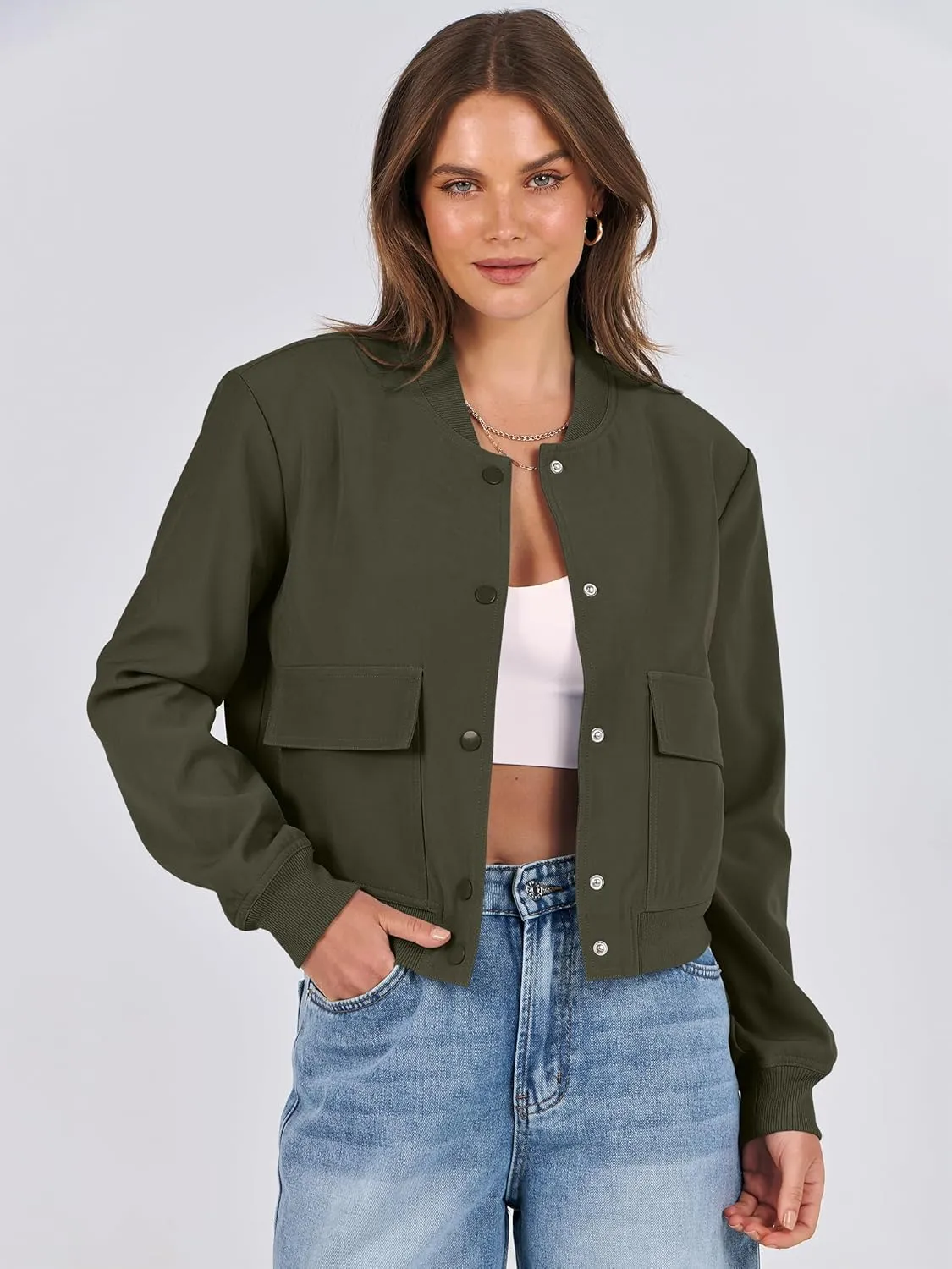 ANRABESS Womens Bomber Jacket Button Cropped Casual Varsity Jackets Shackets Fall Trendy Fashion Travel Outfits with Pockets