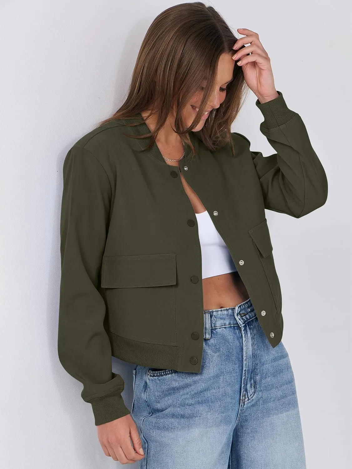 ANRABESS Womens Bomber Jacket Button Cropped Casual Varsity Jackets Shackets Fall Trendy Fashion Travel Outfits with Pockets