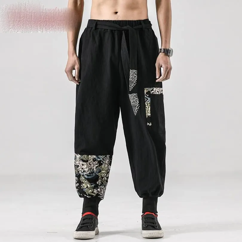 Aoleaky Casual Harem Pants, Japanese Streetwear Linen Men's Pants, Hip Hop Trousers
