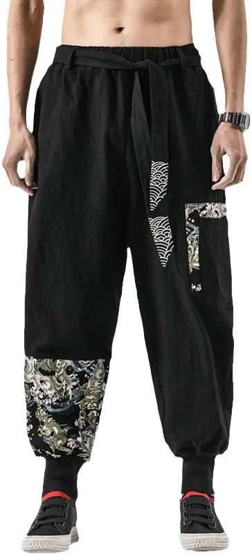 Aoleaky Casual Harem Pants, Japanese Streetwear Linen Men's Pants, Hip Hop Trousers