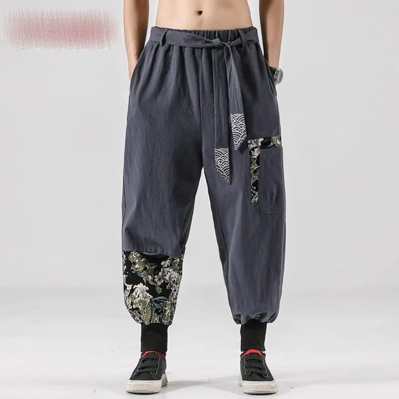 Aoleaky Casual Harem Pants, Japanese Streetwear Linen Men's Pants, Hip Hop Trousers