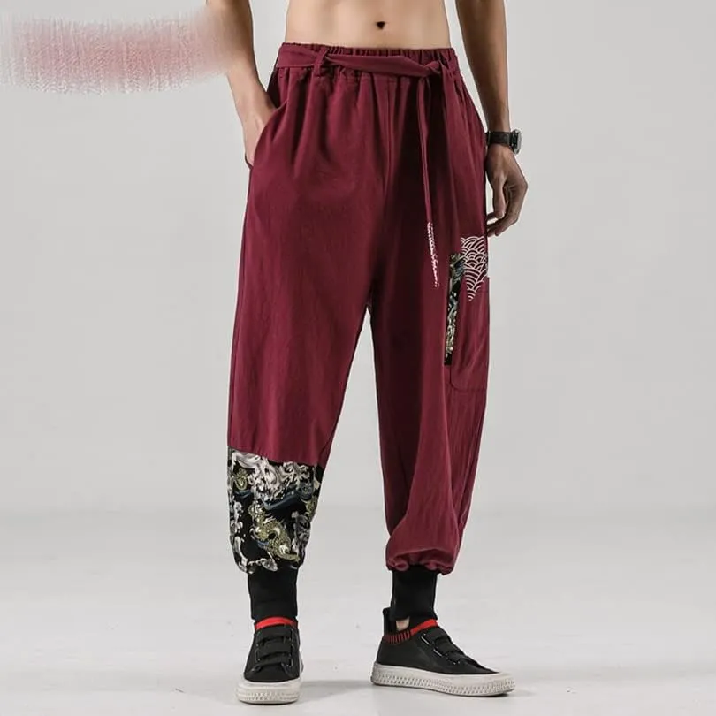 Aoleaky Casual Harem Pants, Japanese Streetwear Linen Men's Pants, Hip Hop Trousers