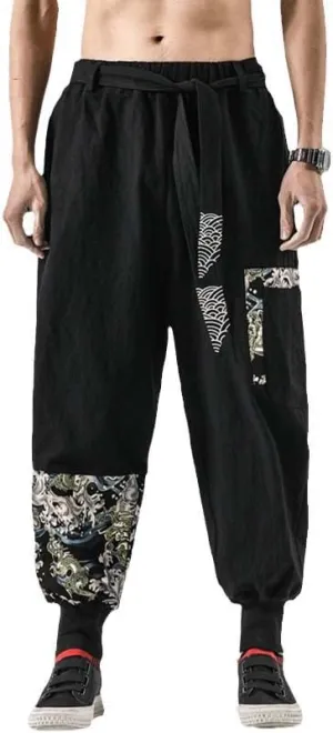 Aoleaky Casual Harem Pants, Japanese Streetwear Linen Men's Pants, Hip Hop Trousers