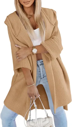 Aoysky Womens Long Cardigans Batwing Sleeve Oversized Cable Knitted Open Front Chunky Hooded Outerwear Sweater Coat