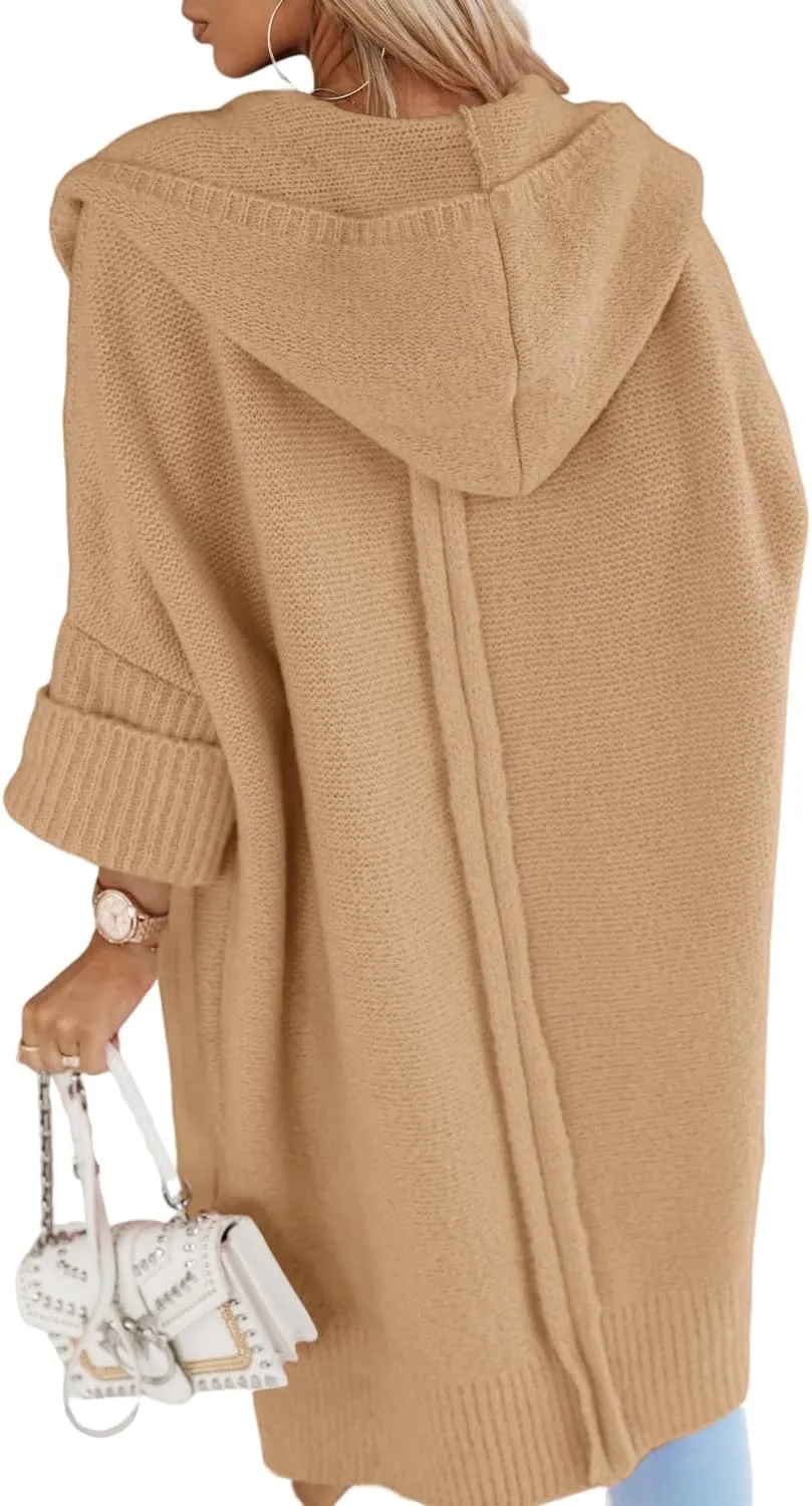 Aoysky Womens Long Cardigans Batwing Sleeve Oversized Cable Knitted Open Front Chunky Hooded Outerwear Sweater Coat