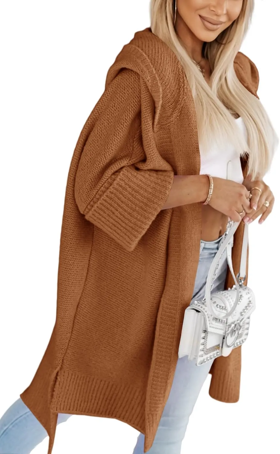 Aoysky Womens Long Cardigans Batwing Sleeve Oversized Cable Knitted Open Front Chunky Hooded Outerwear Sweater Coat