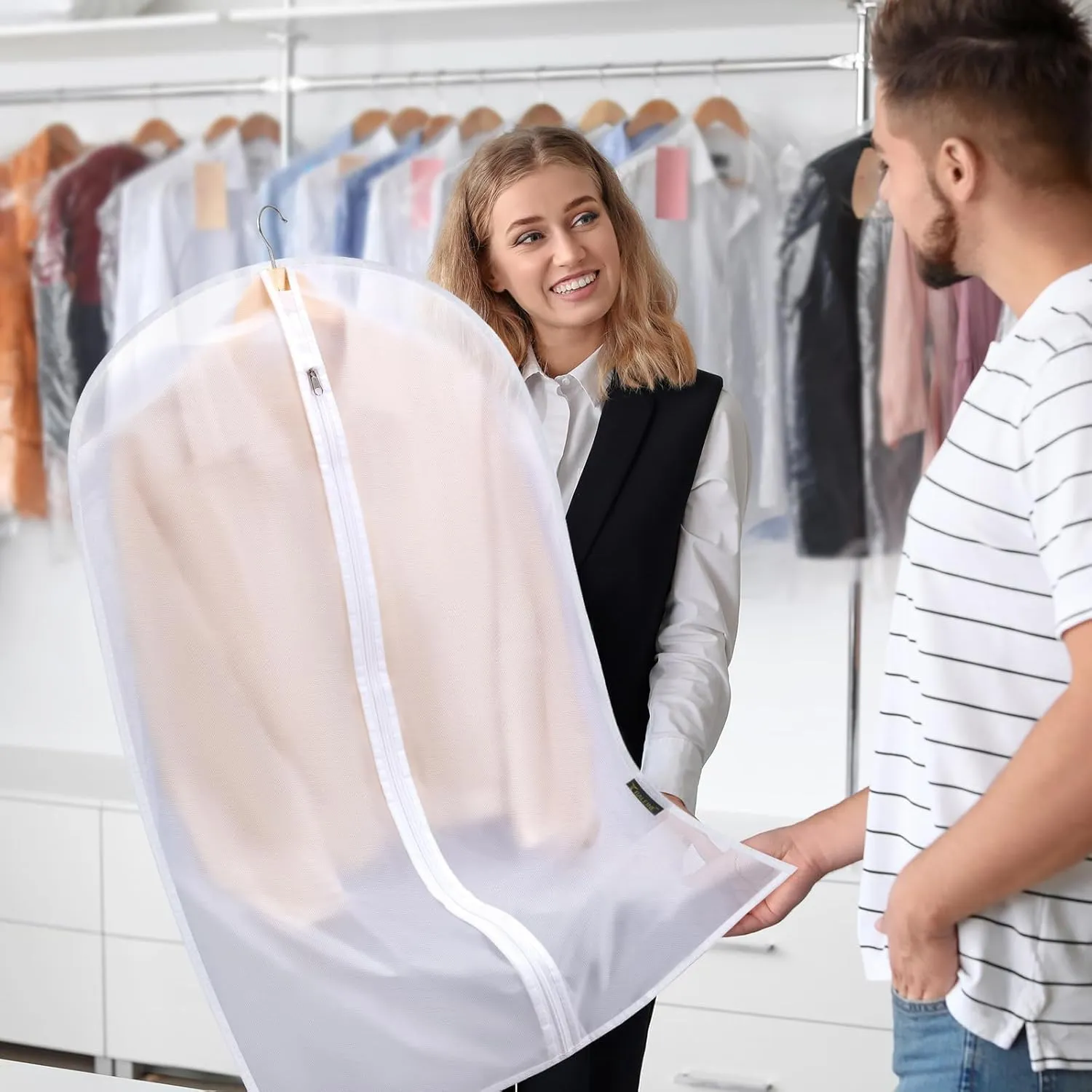 BALEINE 40'' Translucent Garment Bags, 6 Packs PEVA Dress Bag for Closet Clothes Dresses Suit Coats Storage (White, 6PK)