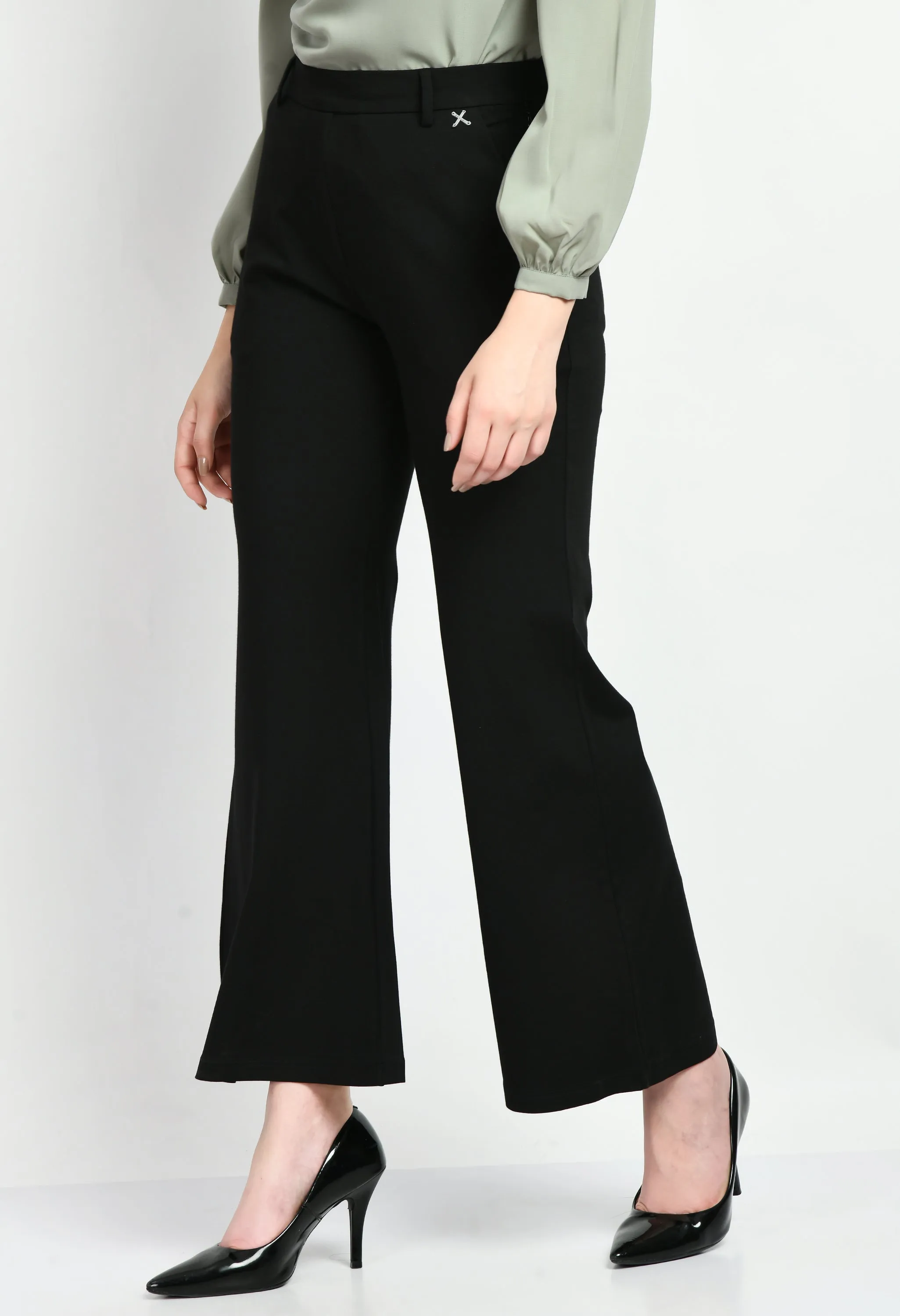 Black Cotton Blend Solid Stretch Bootcut Trouser Only