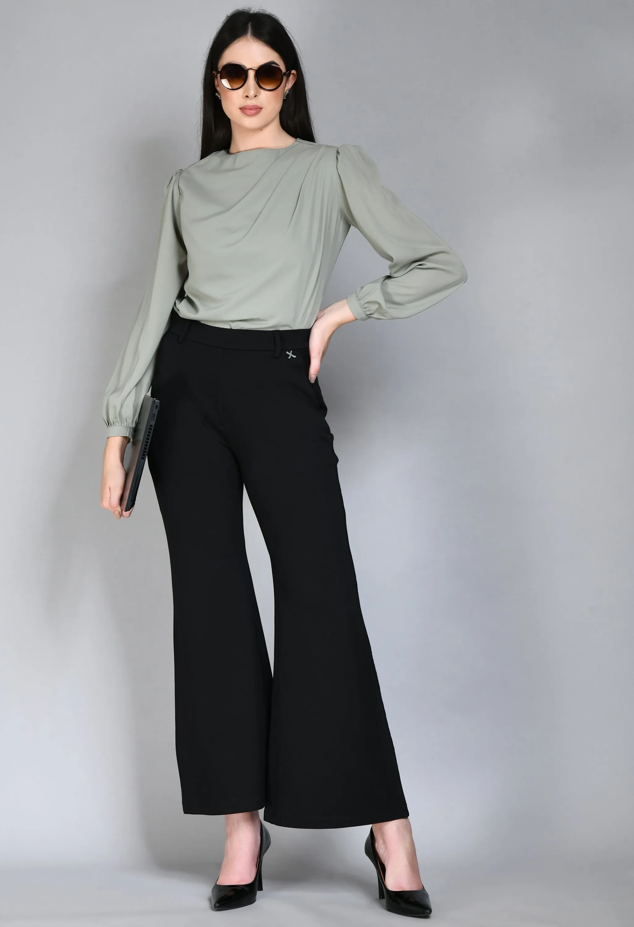 Black Cotton Blend Solid Stretch Bootcut Trouser Only