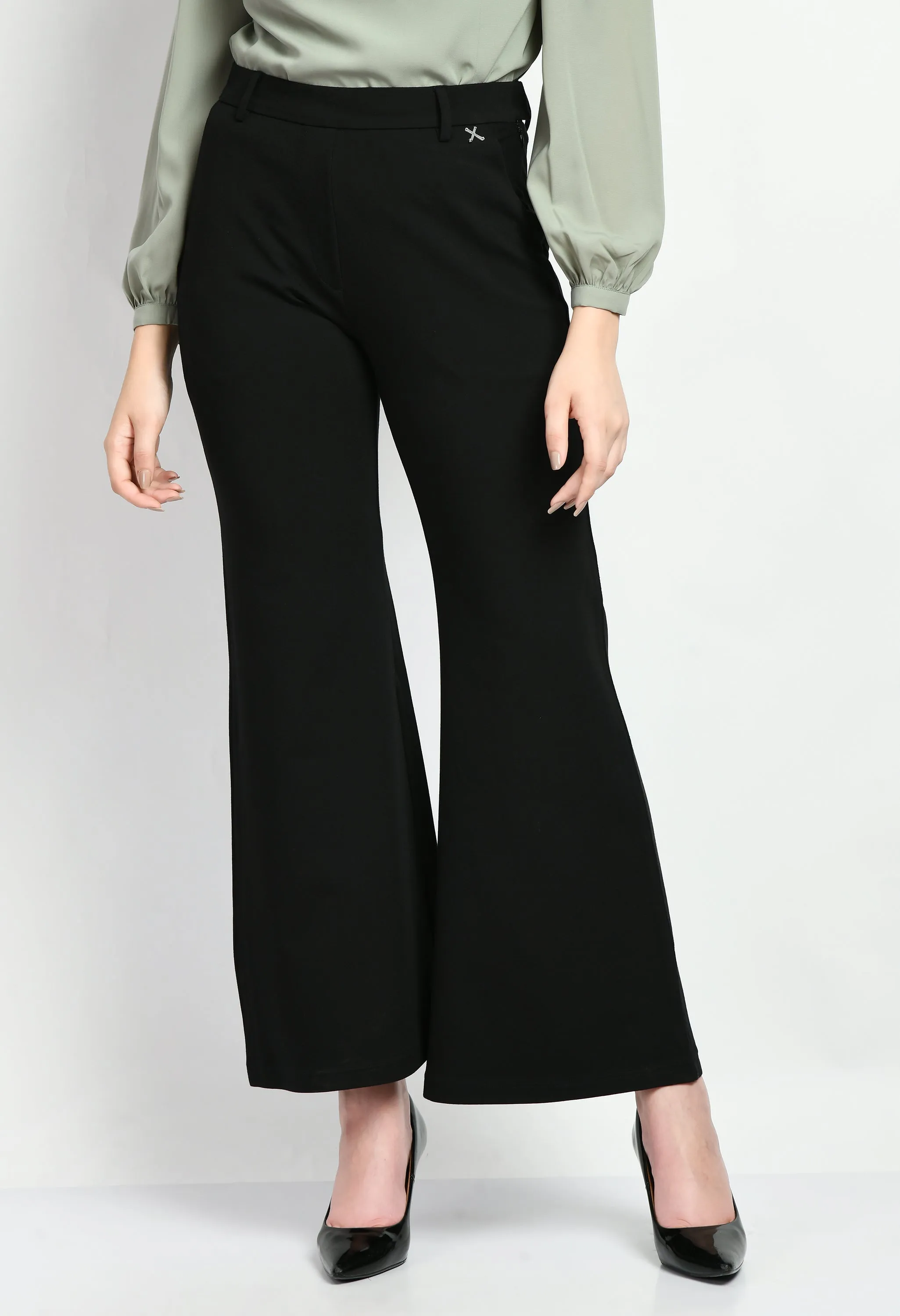 Black Cotton Blend Solid Stretch Bootcut Trouser Only