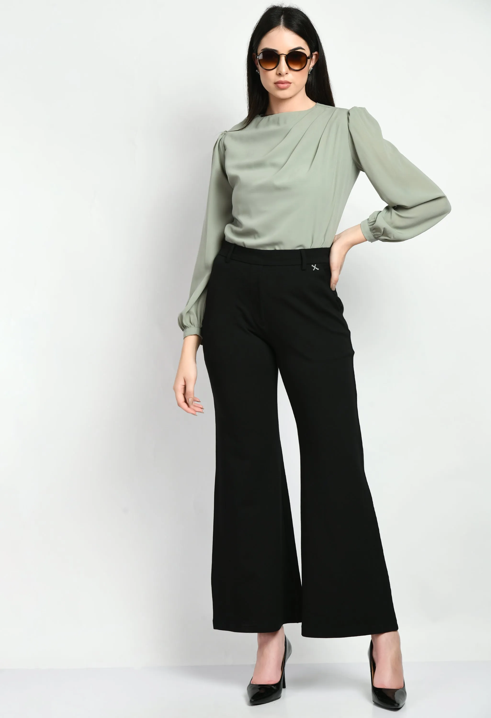 Black Cotton Blend Solid Stretch Bootcut Trouser Only