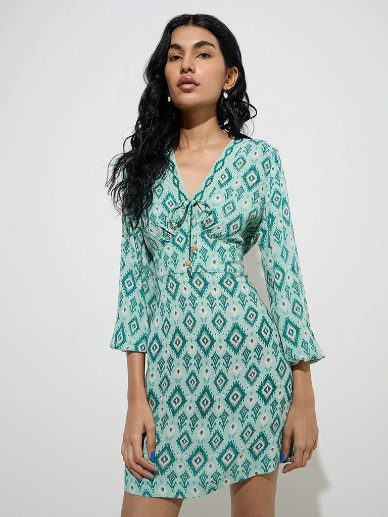 Bombay Paisley Teal Ikat Pattern A-Line Dress