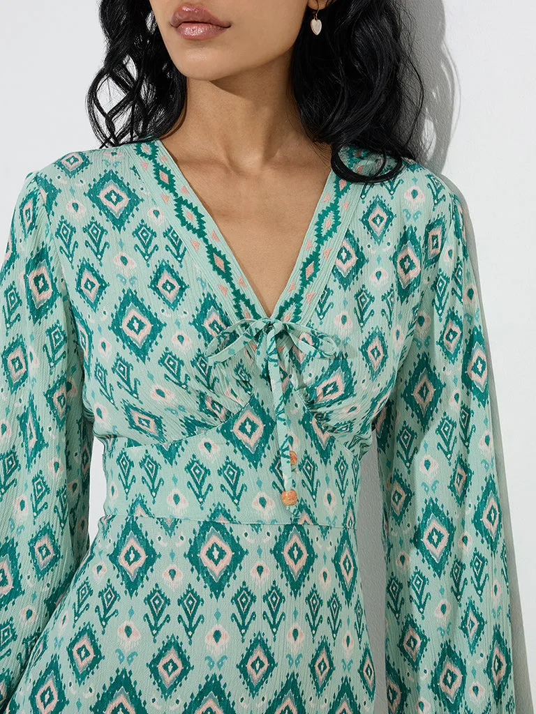 Bombay Paisley Teal Ikat Pattern A-Line Dress