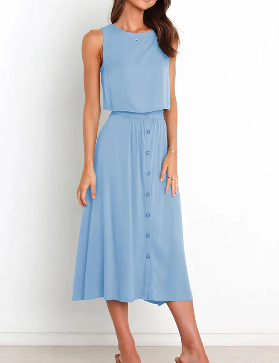 Bozanly Summer Skirt Sets for Women 2 Piece Outfits Sleeveless Crop Top Elastic Waist Button Maxi Dress Set 2025