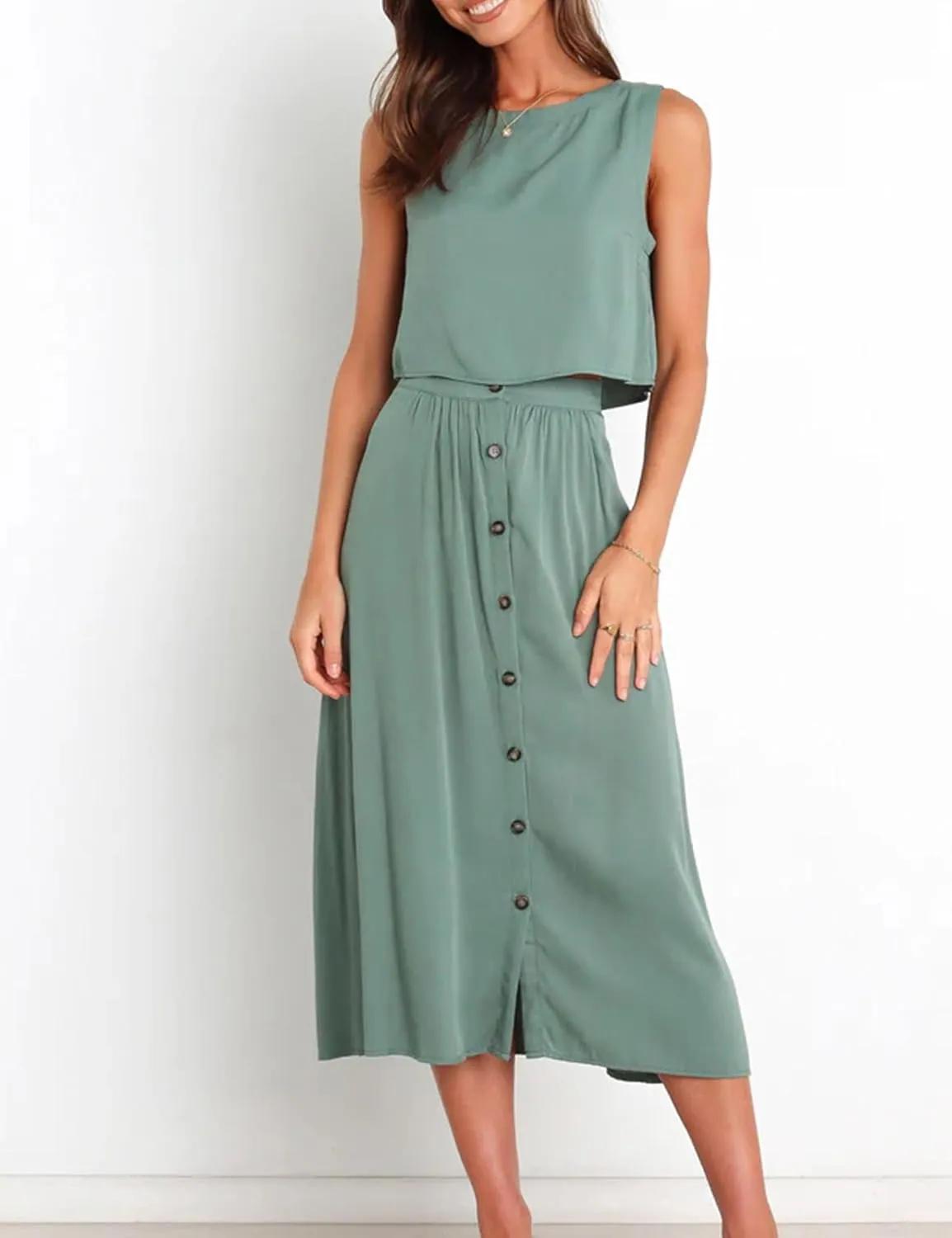 Bozanly Summer Skirt Sets for Women 2 Piece Outfits Sleeveless Crop Top Elastic Waist Button Maxi Dress Set 2025