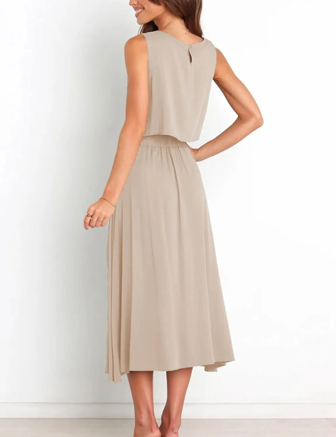 Bozanly Summer Skirt Sets for Women 2 Piece Outfits Sleeveless Crop Top Elastic Waist Button Maxi Dress Set 2025