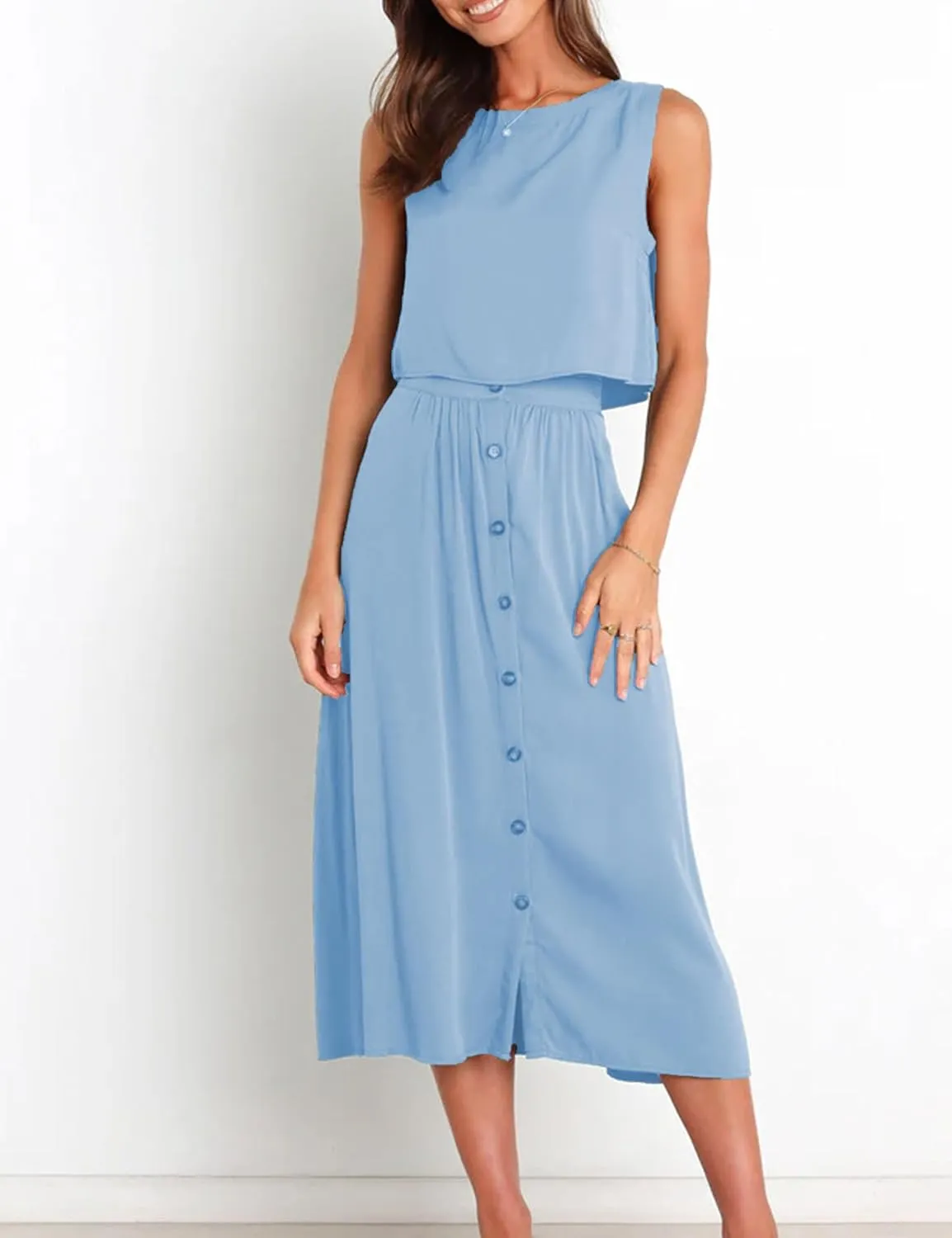 Bozanly Summer Skirt Sets for Women 2 Piece Outfits Sleeveless Crop Top Elastic Waist Button Maxi Dress Set 2025