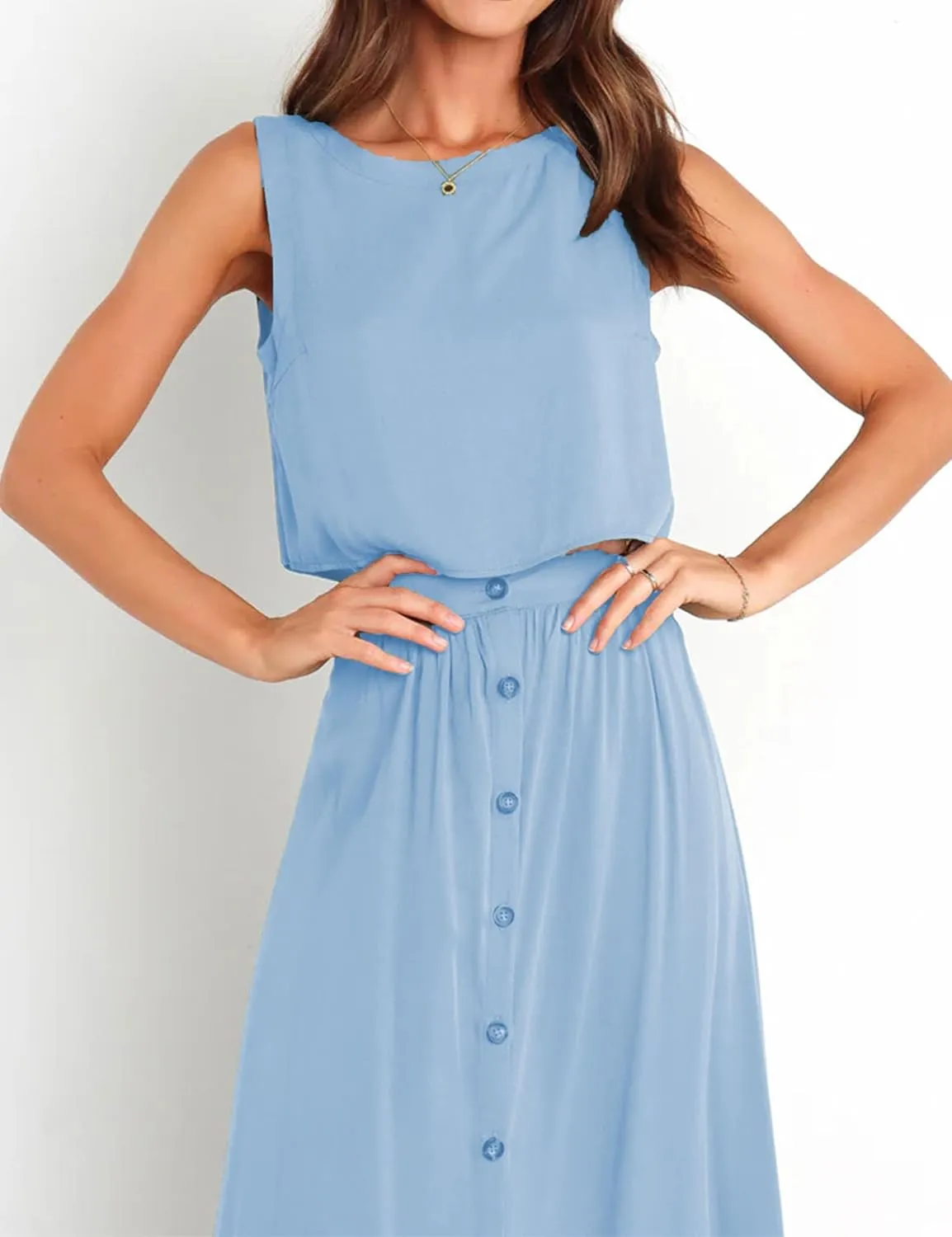 Bozanly Summer Skirt Sets for Women 2 Piece Outfits Sleeveless Crop Top Elastic Waist Button Maxi Dress Set 2025