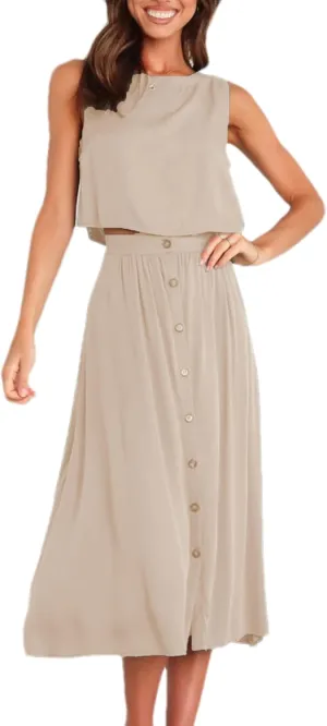 Bozanly Summer Skirt Sets for Women 2 Piece Outfits Sleeveless Crop Top Elastic Waist Button Maxi Dress Set 2025