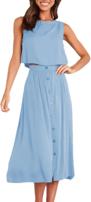 Bozanly Summer Skirt Sets for Women 2 Piece Outfits Sleeveless Crop Top Elastic Waist Button Maxi Dress Set 2025