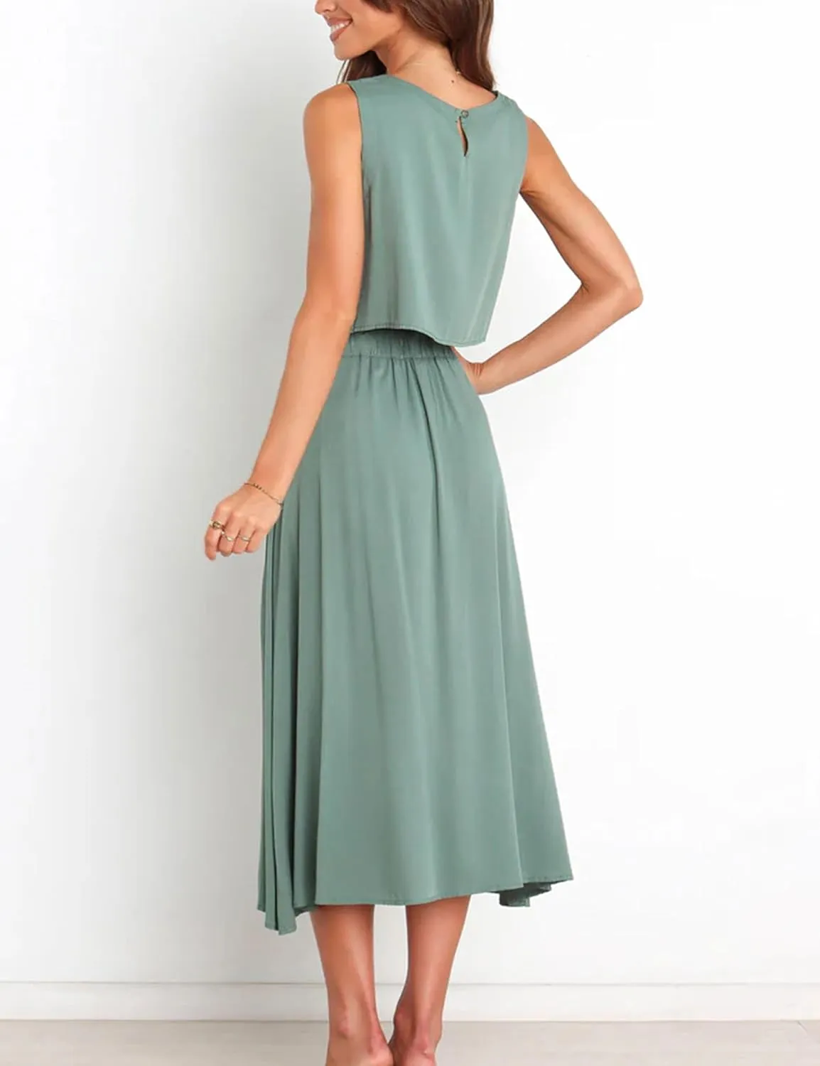 Bozanly Summer Skirt Sets for Women 2 Piece Outfits Sleeveless Crop Top Elastic Waist Button Maxi Dress Set 2025