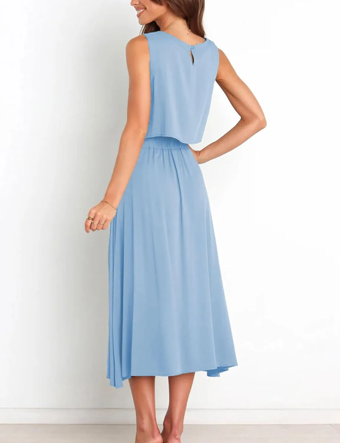 Bozanly Summer Skirt Sets for Women 2 Piece Outfits Sleeveless Crop Top Elastic Waist Button Maxi Dress Set 2025