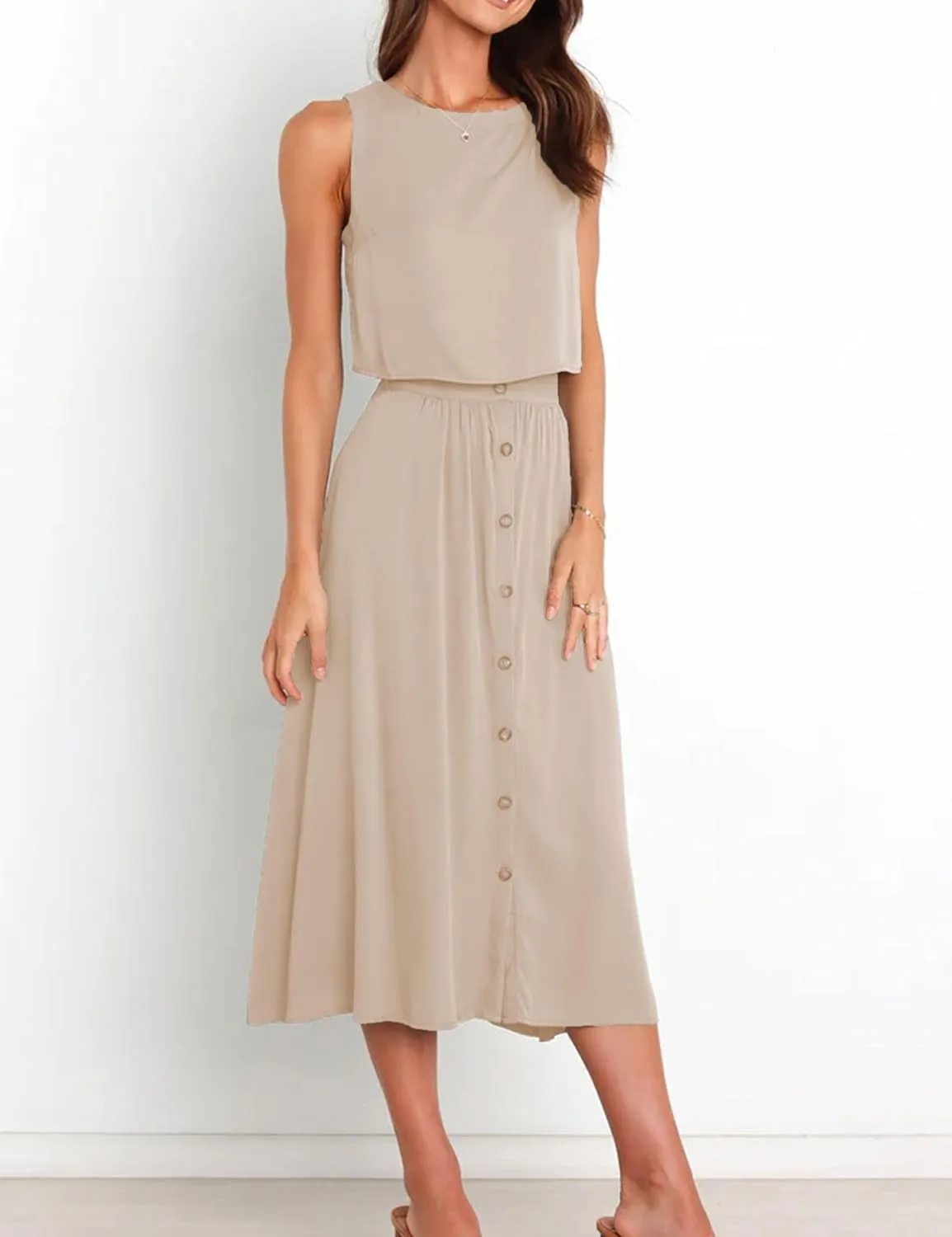 Bozanly Summer Skirt Sets for Women 2 Piece Outfits Sleeveless Crop Top Elastic Waist Button Maxi Dress Set 2025